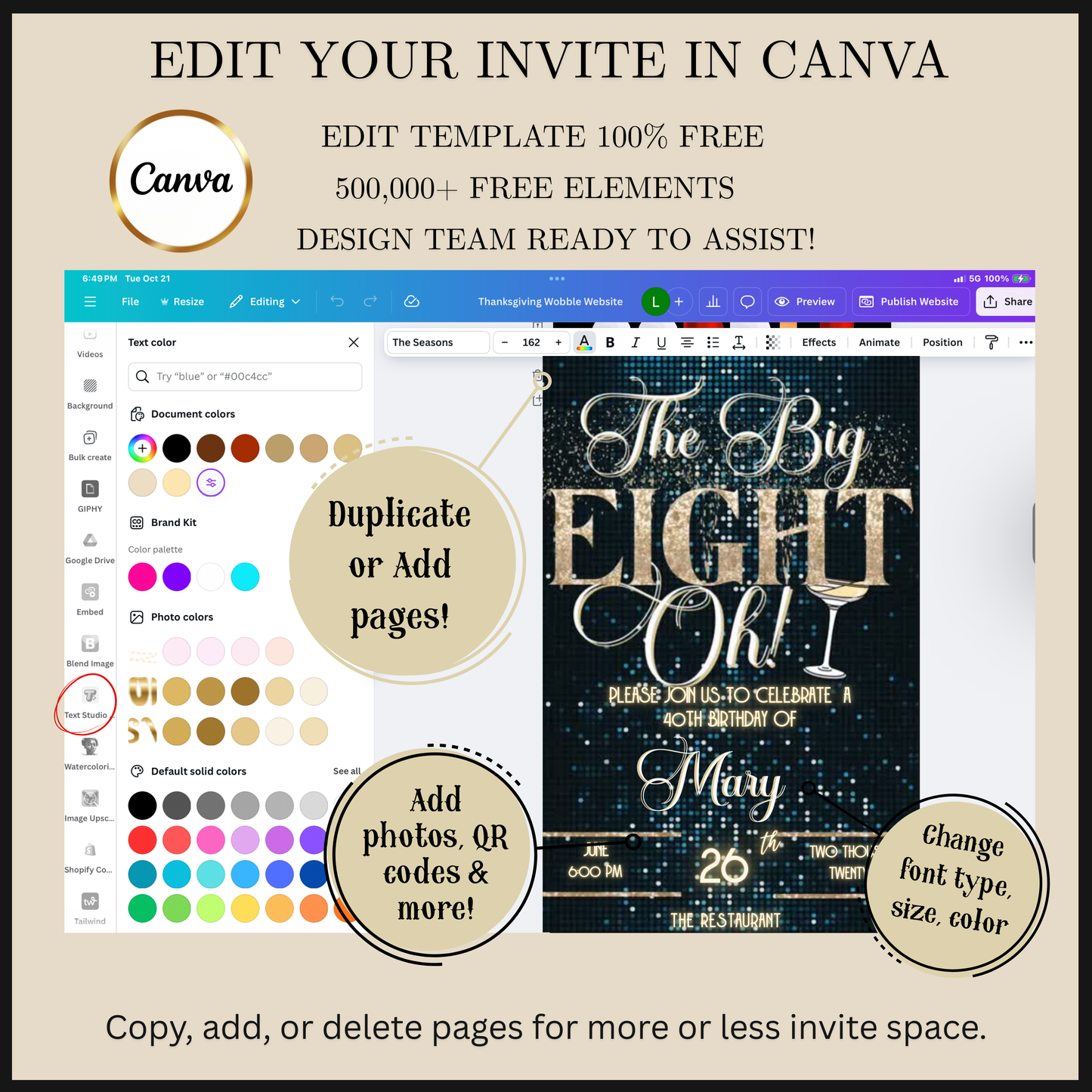 Editable emerald green gold 80th birthday video invitation displayed on a mobile phone, featuring an animated vertical digital invite with music, created in Canva. This premium video invitation template is designed for sharing by text, email, and social media and works with an interactive RSVP website for easy guest response tracking.