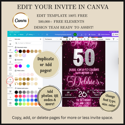 Editable pink sequin 50th birthday video invitation displayed on a mobile phone, featuring an animated vertical digital invite with music, created in Canva. This premium video invitation template is designed for sharing by text, email, and social media and works with an interactive RSVP website for easy guest response tracking.