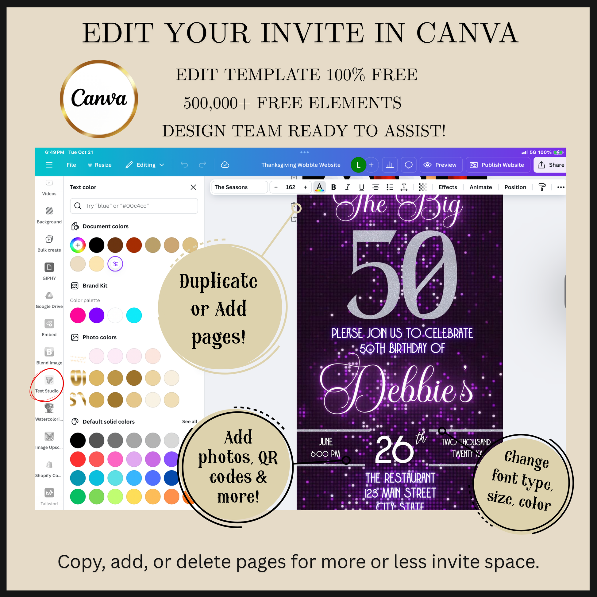 Editable purple glitter 50th birthday video invitation displayed on a mobile phone, featuring an animated vertical digital invite with music, created in Canva. This premium video invitation template is designed for sharing by text, email, and social media and works with an interactive RSVP website for easy guest response tracking.