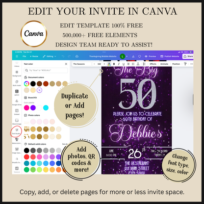 Editable purple glitter 50th birthday video invitation displayed on a mobile phone, featuring an animated vertical digital invite with music, created in Canva. This premium video invitation template is designed for sharing by text, email, and social media and works with an interactive RSVP website for easy guest response tracking.