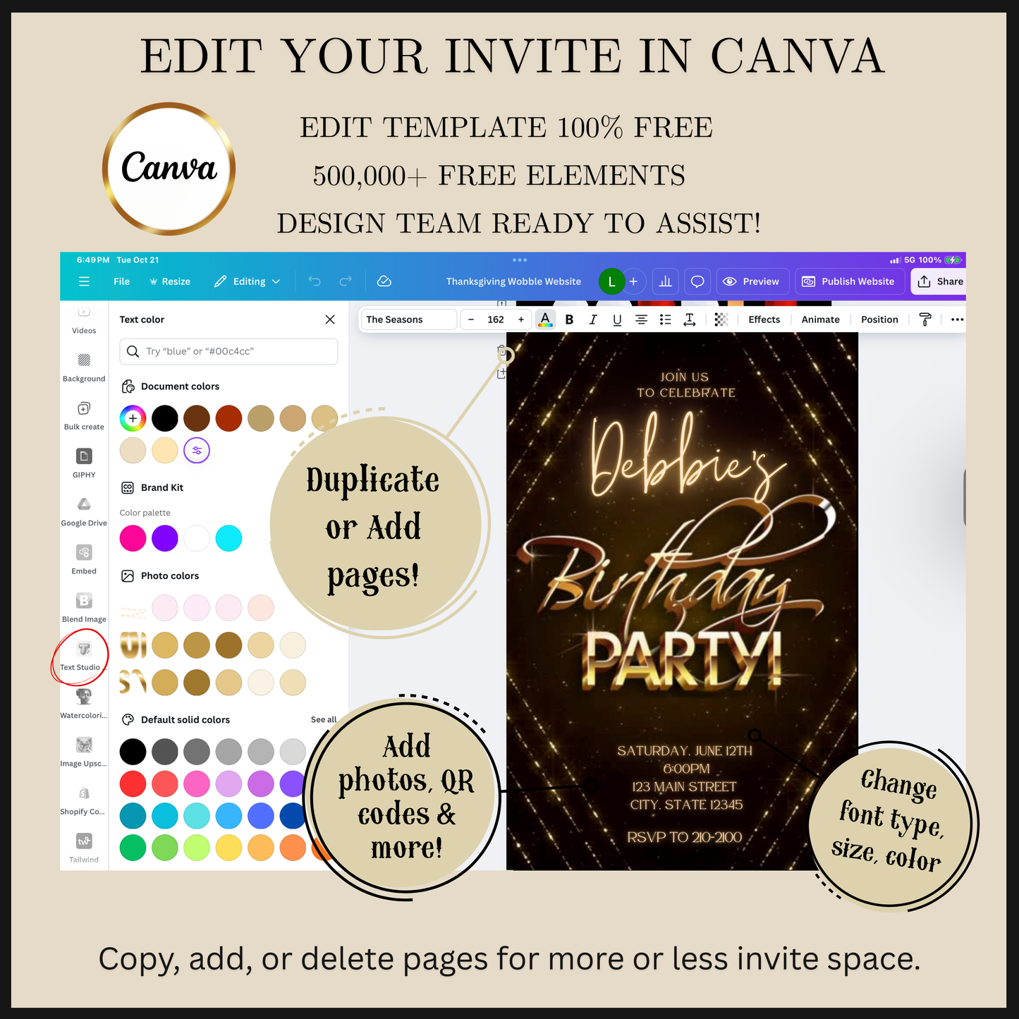 Editable gold glitter any age birthday video invitation displayed on a mobile phone, featuring an animated vertical digital invite with music, created in Canva. This premium video invitation template is designed for sharing by text, email, and social media and works with an interactive RSVP website for easy guest response tracking.