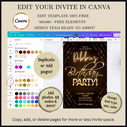 Editable gold glitter any age birthday video invitation displayed on a mobile phone, featuring an animated vertical digital invite with music, created in Canva. This premium video invitation template is designed for sharing by text, email, and social media and works with an interactive RSVP website for easy guest response tracking.