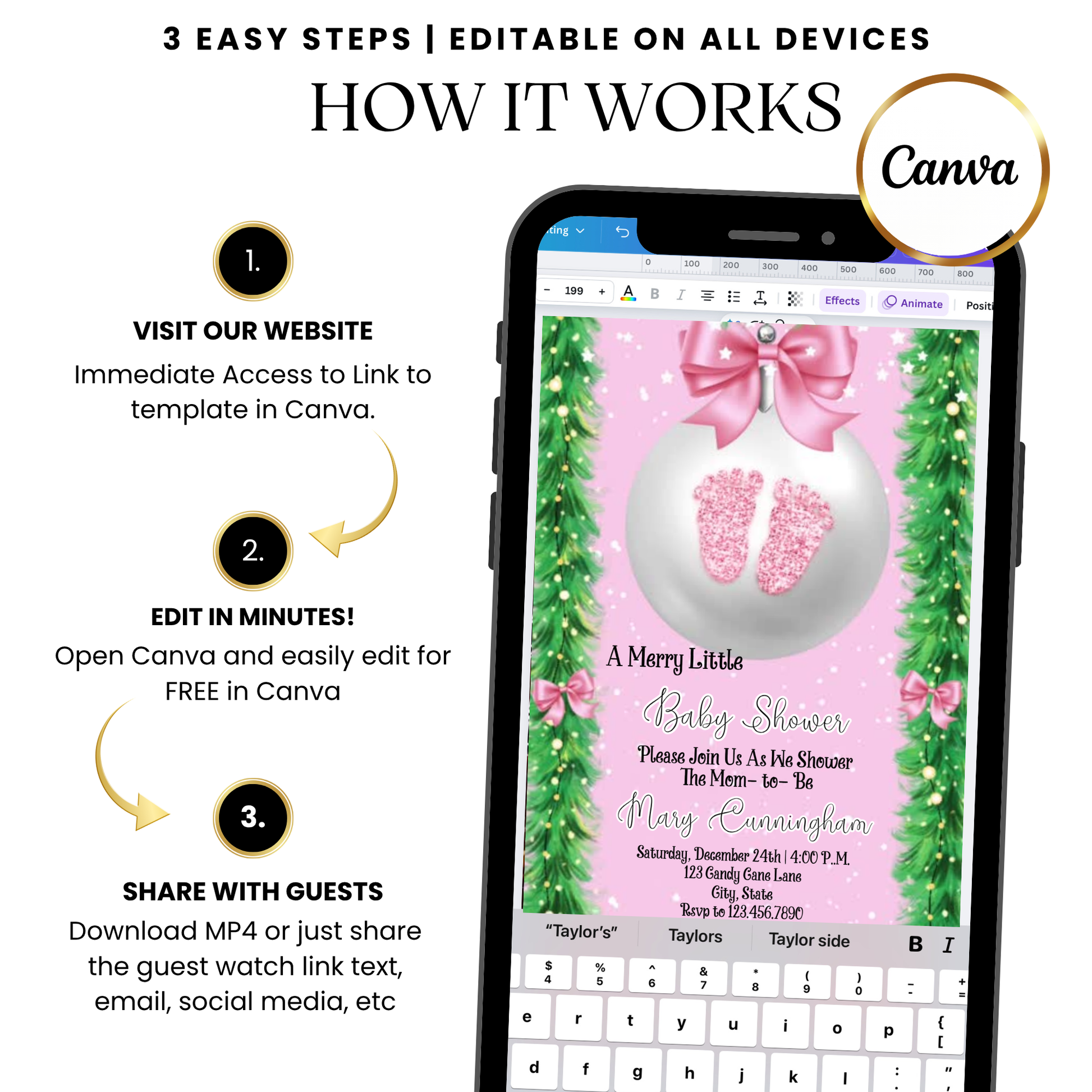 Merry little baby pink ornament video invitation