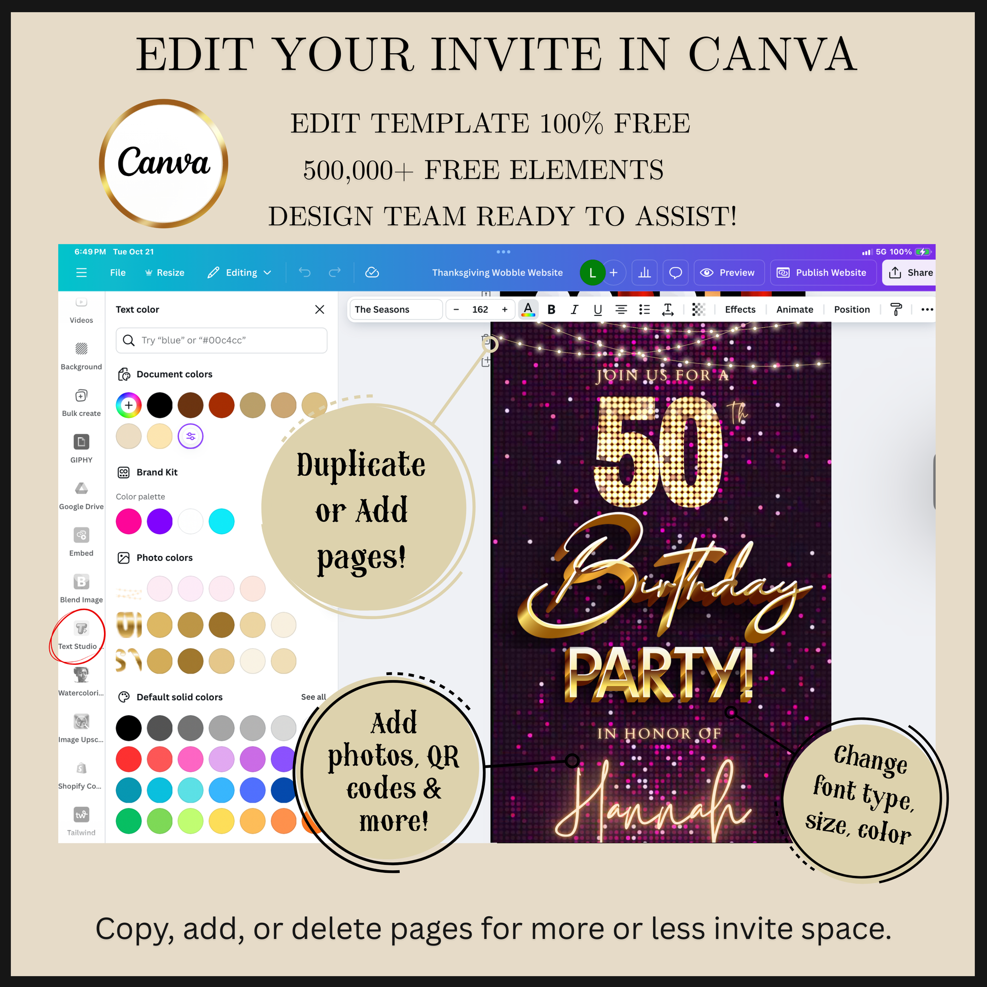 Editable purple pink glitter 50th birthday video invitation displayed on a mobile phone, featuring an animated vertical digital invite with music, created in Canva. This premium video invitation template is designed for sharing by text, email, and social media and works with an interactive RSVP website for easy guest response tracking.