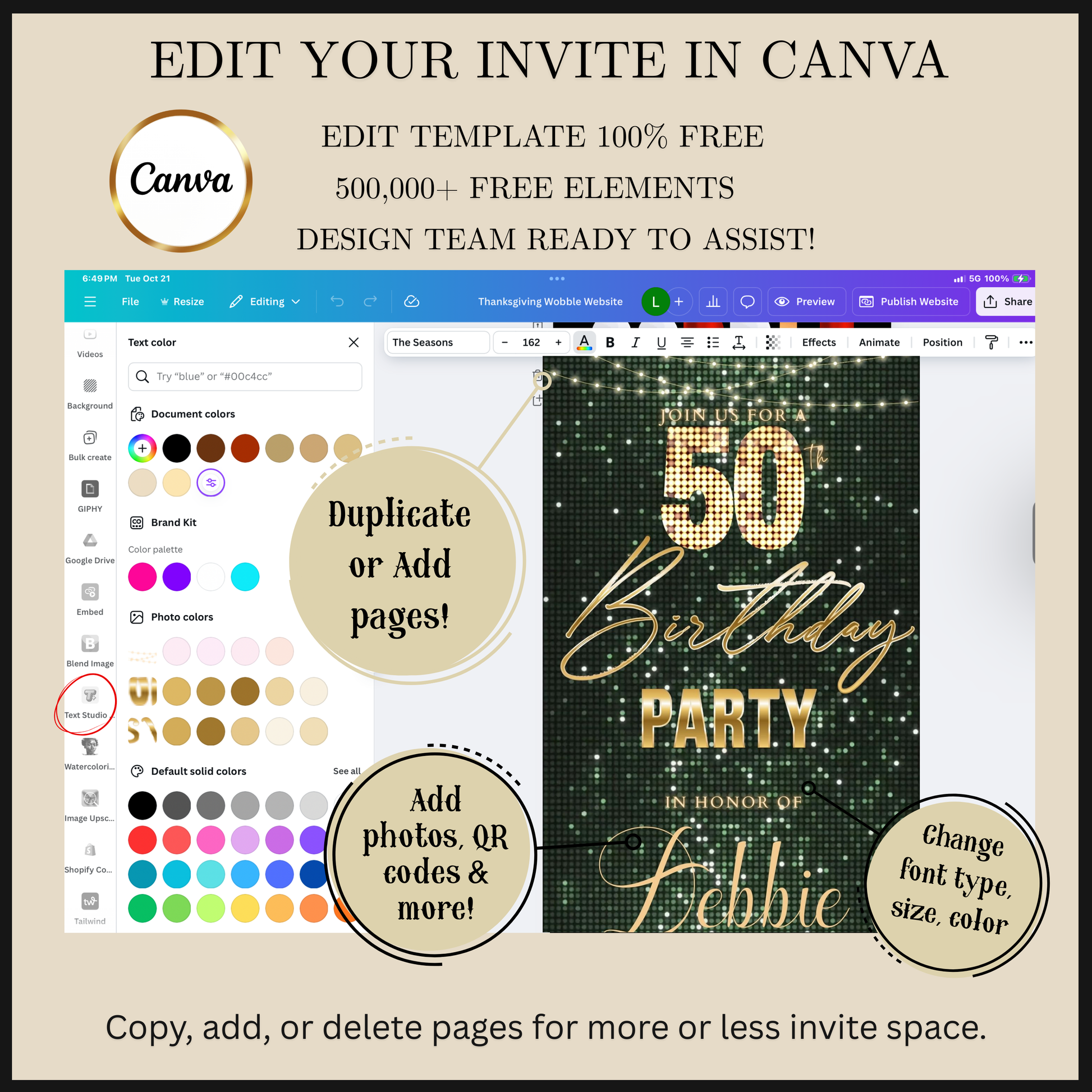 Editable sage green gold glitter 50th birthday video invitation displayed on a mobile phone, featuring an animated vertical digital invite with music, created in Canva. This premium video invitation template is designed for sharing by text, email, and social media and works with an interactive RSVP website for easy guest response tracking.