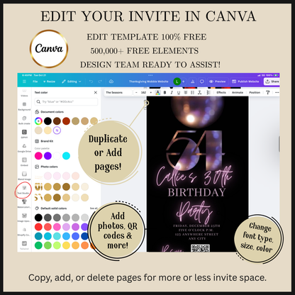 Editable subtle disco 54th birthday video invitation displayed on a mobile phone, featuring an animated vertical digital invite with music, created in Canva. This premium video invitation template is designed for sharing by text, email, and social media and works with an interactive RSVP website for easy guest response tracking.