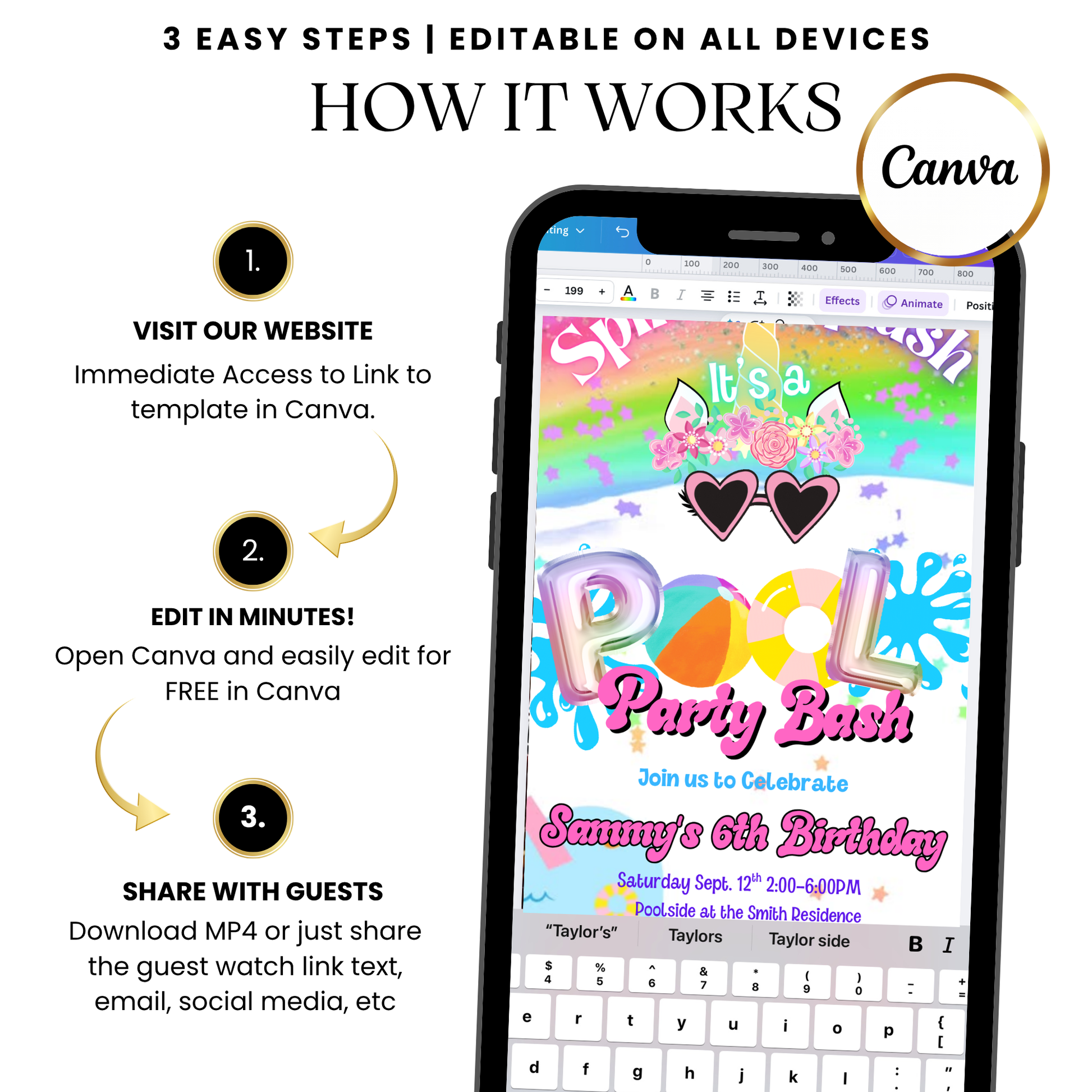 Magical Unicorn Pool Party Bash Video Invitation Instant Download