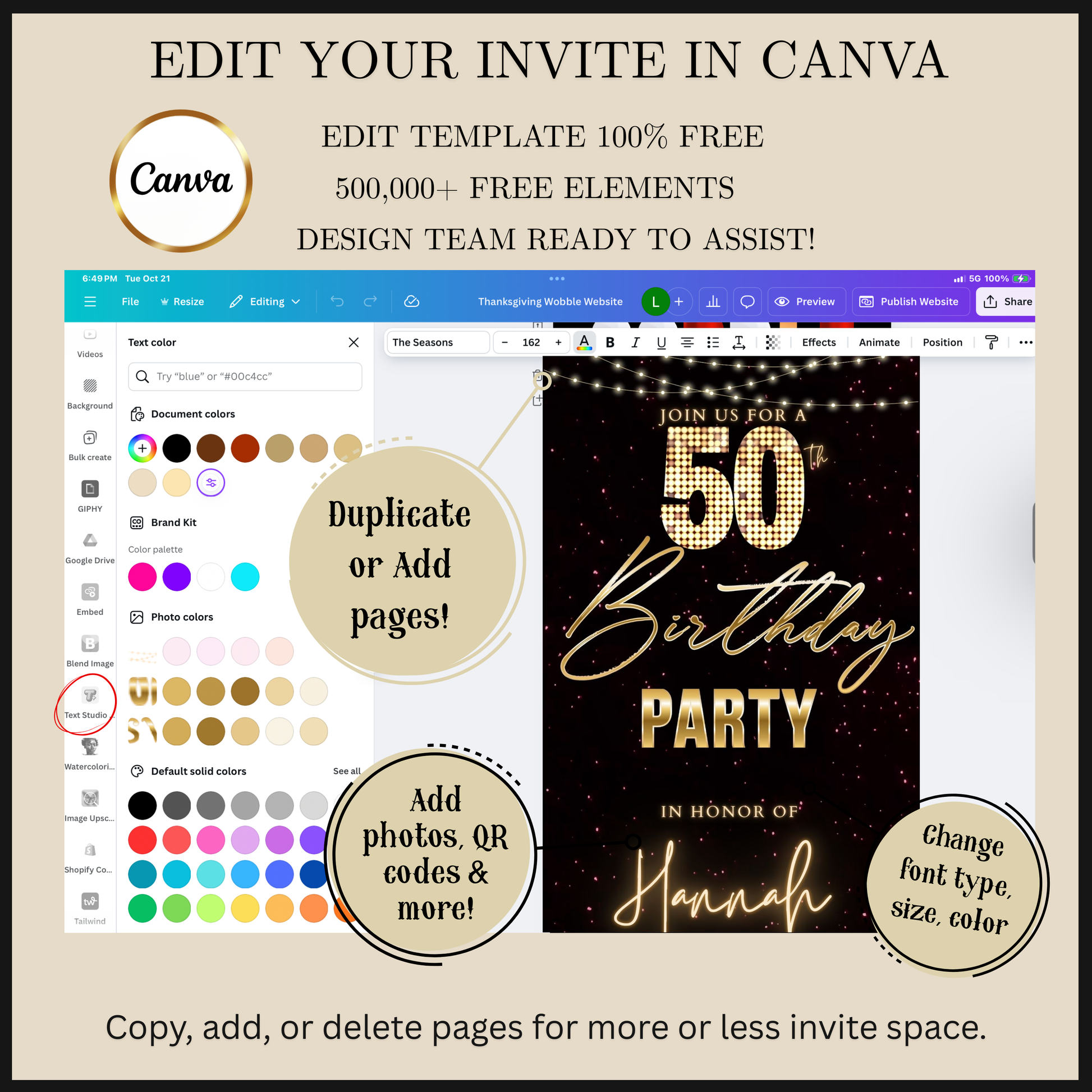 Editable maroon gold glitter 50th birthday video invitation displayed on a mobile phone, featuring an animated vertical digital invite with music, created in Canva. This premium video invitation template is designed for sharing by text, email, and social media and works with an interactive RSVP website for easy guest response tracking.