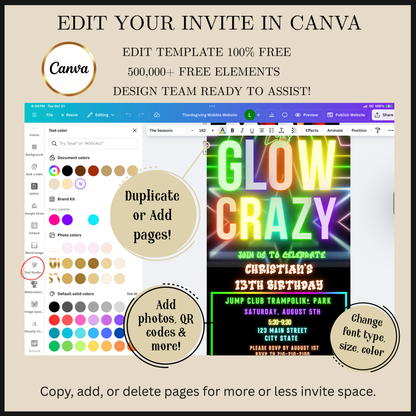Editable neon glow birthday party video invitation displayed on a mobile phone, featuring an animated vertical digital invite with music, created in Canva. This premium video invitation template is designed for sharing by text, email, and social media and works with an interactive RSVP website for easy guest response tracking.