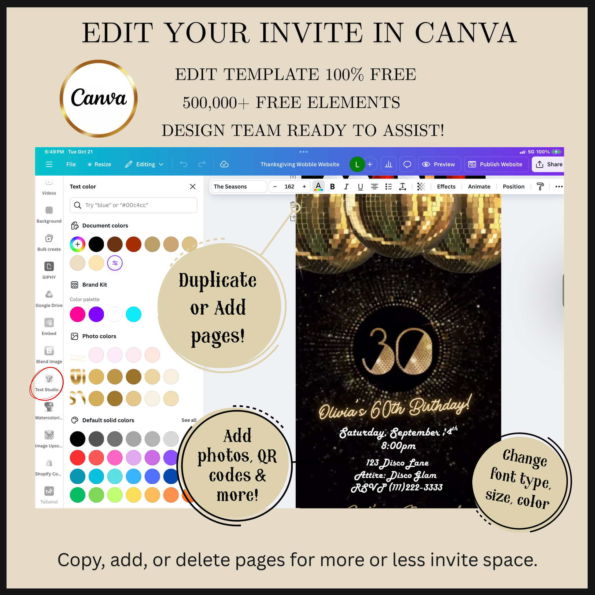 Editable gold disco ball 30th birthday video invitation displayed on a mobile phone, featuring an animated vertical digital invite with music, created in Canva. This premium video invitation template is designed for sharing by text, email, and social media and works with an interactive RSVP website for easy guest response tracking.