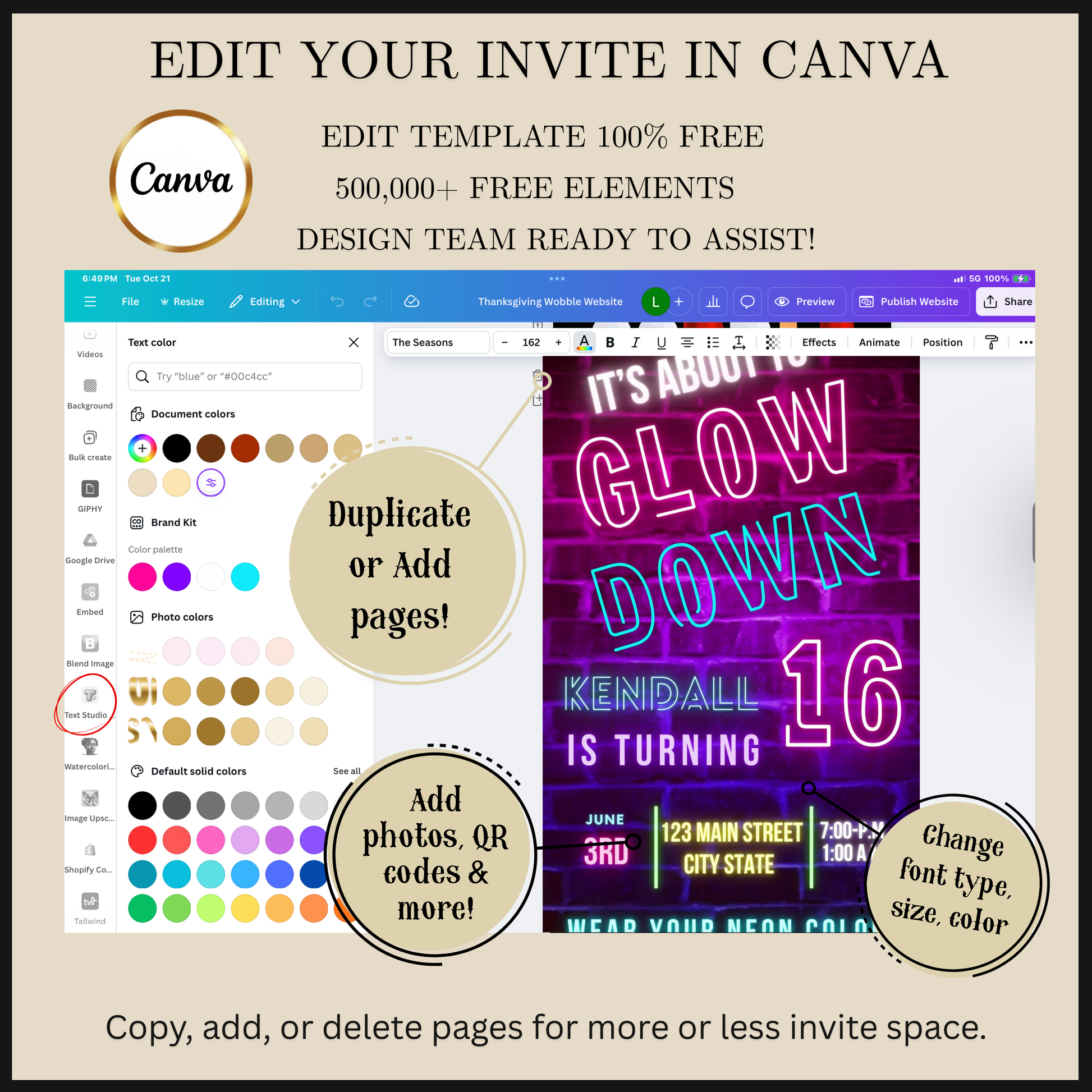 Editable neon glow brick sweet 16 birthday video invitation displayed on a mobile phone, featuring an animated vertical digital invite with music, created in Canva. This premium video invitation template is designed for sharing by text, email, and social media and works with an interactive RSVP website for easy guest response tracking.