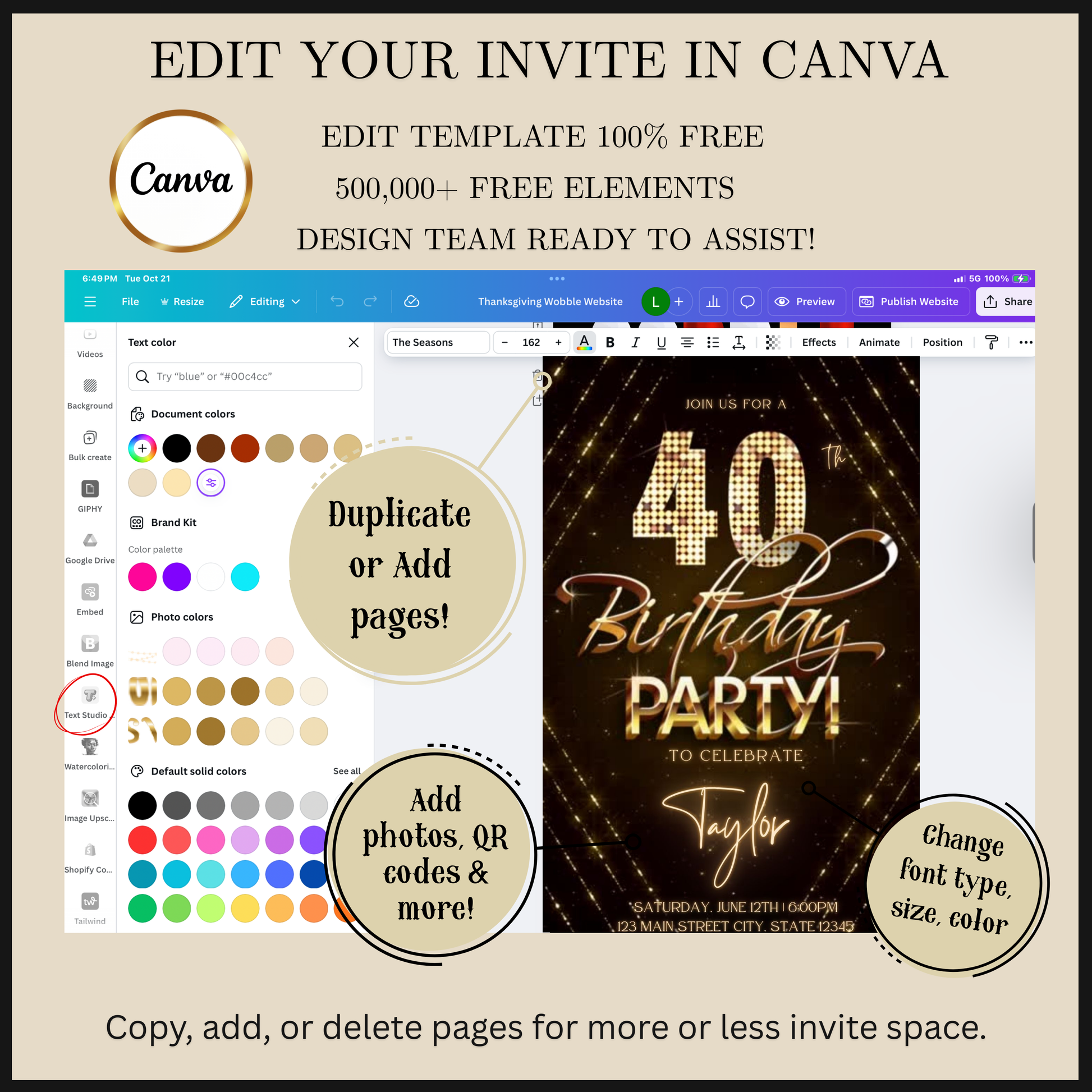 Editable gold glitter 40th birthday video invitation displayed on a mobile phone, featuring an animated vertical digital invite with music, created in Canva. This premium video invitation template is designed for sharing by text, email, and social media and works with an interactive RSVP website for easy guest response tracking.