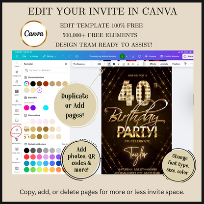 Editable gold glitter 40th birthday video invitation displayed on a mobile phone, featuring an animated vertical digital invite with music, created in Canva. This premium video invitation template is designed for sharing by text, email, and social media and works with an interactive RSVP website for easy guest response tracking.