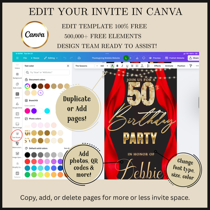 Editable red curtain 50th birthday party video invitation displayed on a mobile phone, featuring an animated vertical digital invite with music, created in Canva. This premium video invitation template is designed for sharing by text, email, and social media and works with an interactive RSVP website for easy guest response tracking.