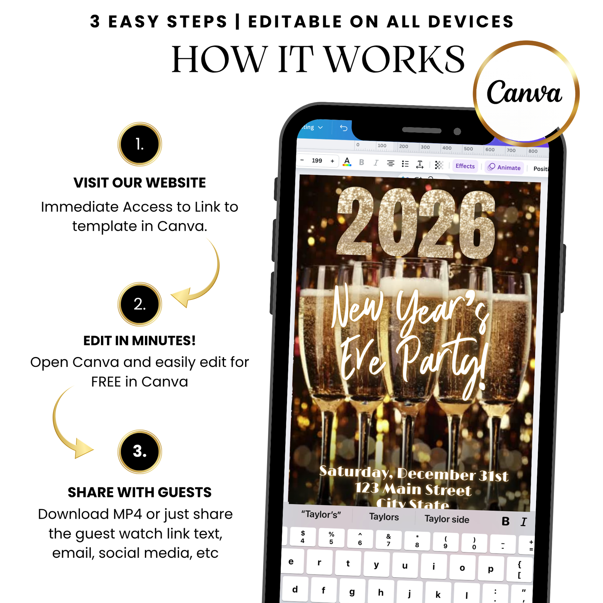 Glitter numbers 2026 NYE video invitation