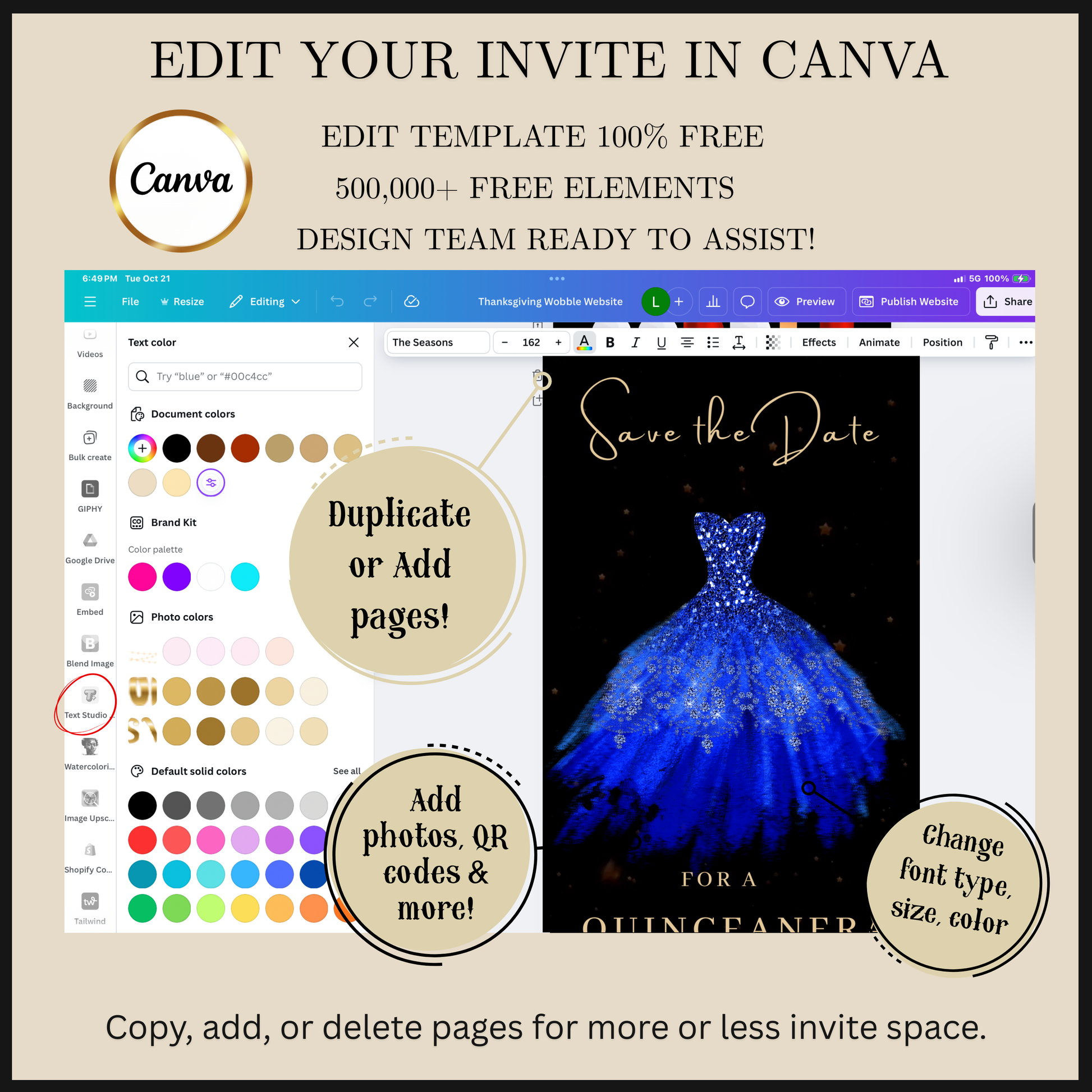 Editable royal blue glitter dress Quinceañera video invitation displayed on a mobile phone, featuring an animated vertical digital invite with music, created in Canva. This premium video invitation template is designed for sharing by text, email, and social media and works with an interactive RSVP website for easy guest response tracking.