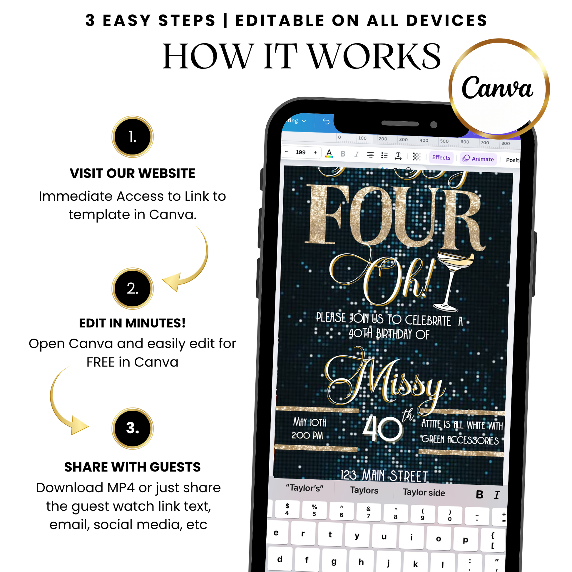 Blue and Gold Glam Video Invitation with Music