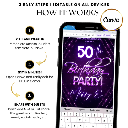 Purple neon animated video invitation template online