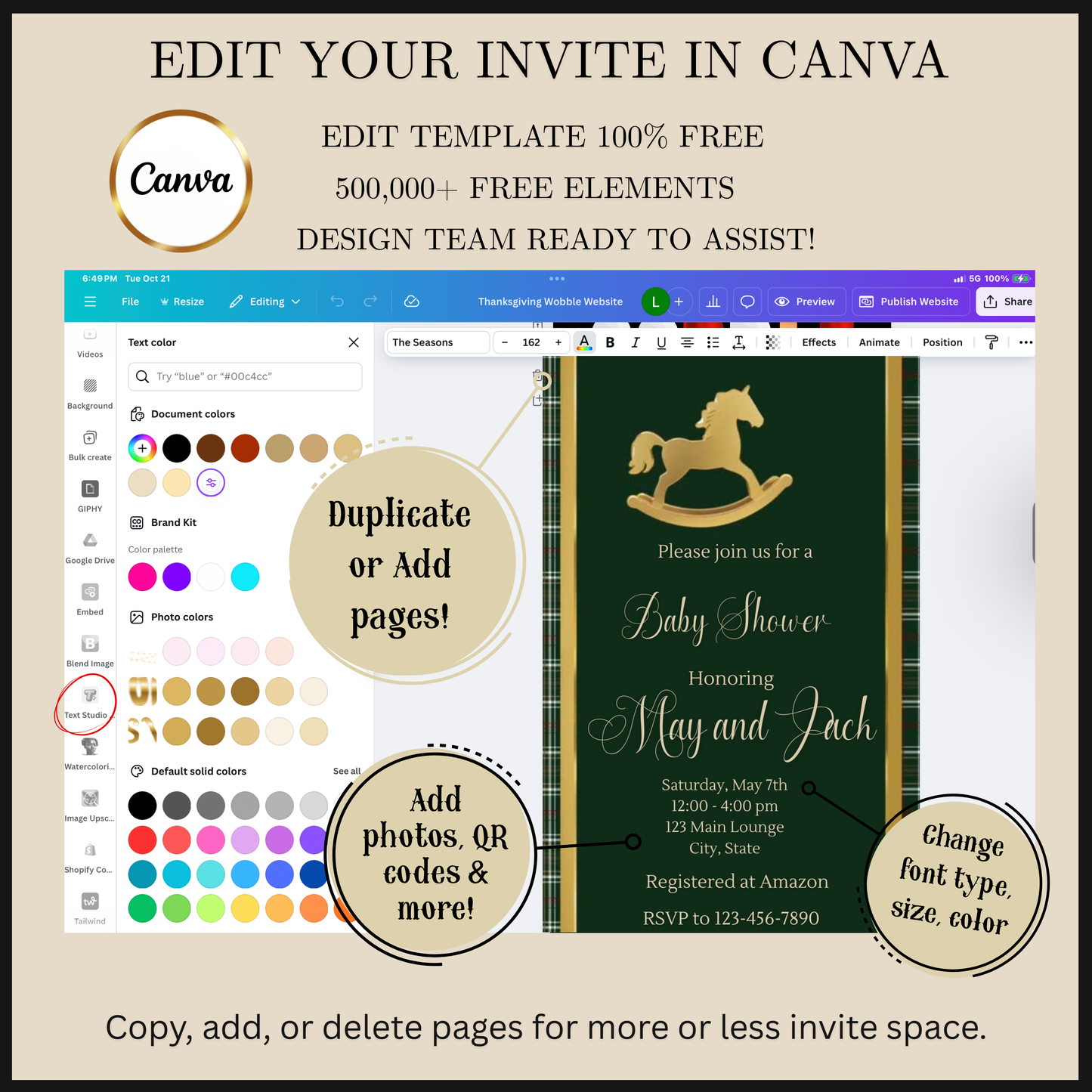 Editable green ralph lauren polo baby shower video invitation displayed on a mobile phone, featuring an animated vertical digital invite with music, created in Canva. This premium video invitation template is designed for sharing by text, email, and social media and works with an interactive RSVP website for easy guest response tracking.