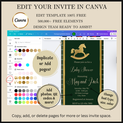 Editable green ralph lauren polo baby shower video invitation displayed on a mobile phone, featuring an animated vertical digital invite with music, created in Canva. This premium video invitation template is designed for sharing by text, email, and social media and works with an interactive RSVP website for easy guest response tracking.