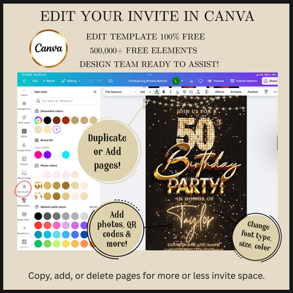 Editable black gold sequin 50th birthday video invitation displayed on a mobile phone, featuring an animated vertical digital invite with music, created in Canva. This premium video invitation template is designed for sharing by text, email, and social media and works with an interactive RSVP website for easy guest response tracking.