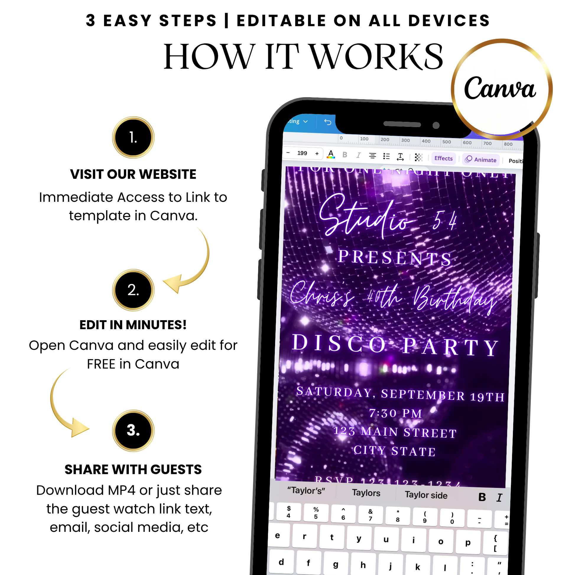 Editable Digital Purple Disco Evite