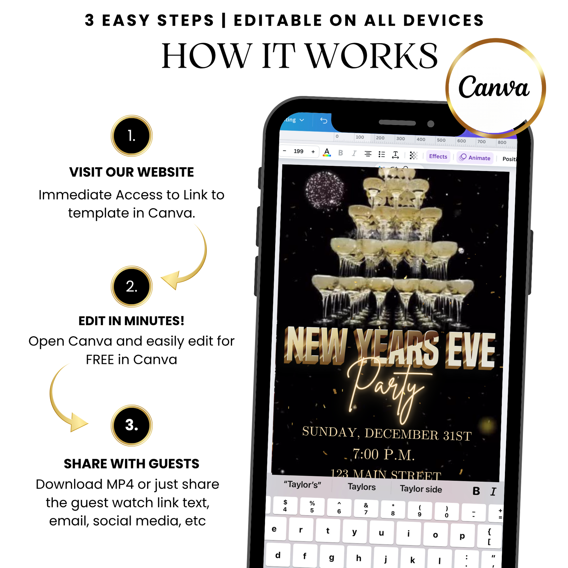 Elegant champagne tower NYE video invitation design