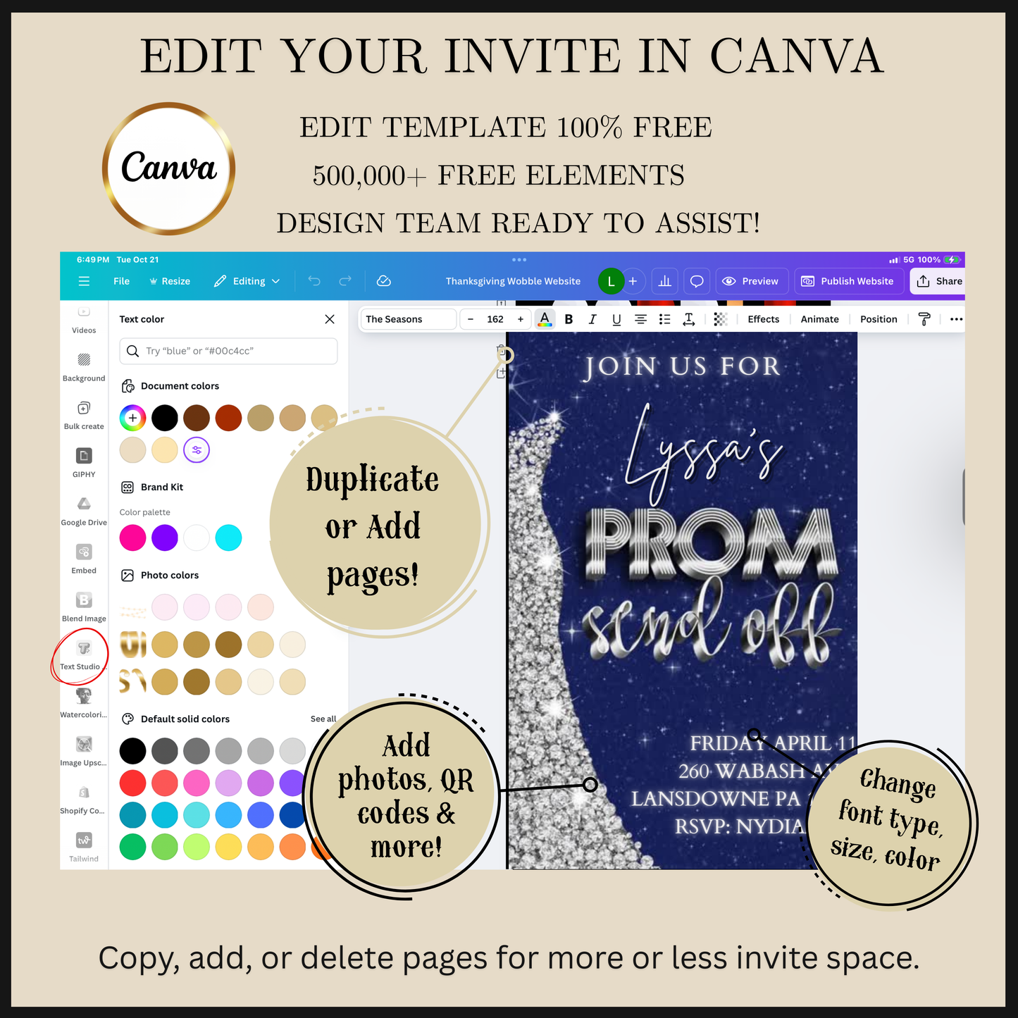 Editable navy blue silver prom send off video invitation displayed on a mobile phone, featuring an animated vertical digital invite with music, created in Canva. This premium video invitation template is designed for sharing by text, email, and social media and works with an interactive RSVP website for easy guest response tracking.