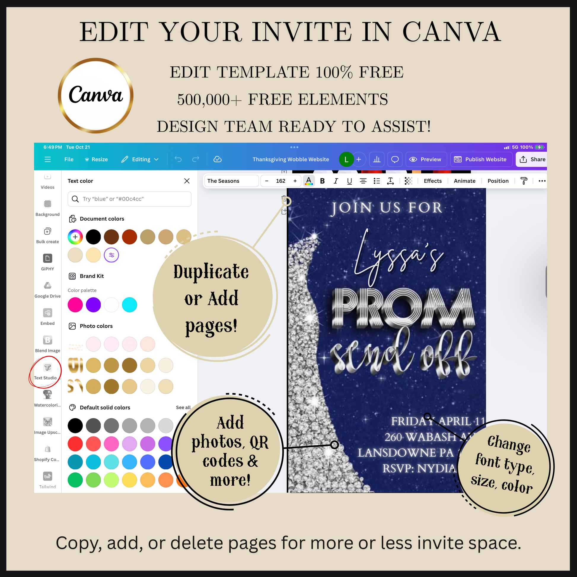 Editable navy blue silver prom send off video invitation displayed on a mobile phone, featuring an animated vertical digital invite with music, created in Canva. This premium video invitation template is designed for sharing by text, email, and social media and works with an interactive RSVP website for easy guest response tracking.