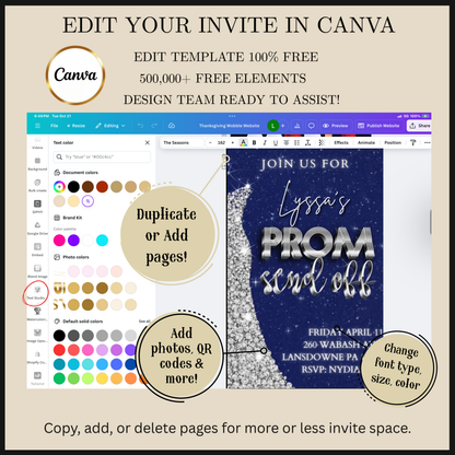 Editable navy blue silver prom send off video invitation displayed on a mobile phone, featuring an animated vertical digital invite with music, created in Canva. This premium video invitation template is designed for sharing by text, email, and social media and works with an interactive RSVP website for easy guest response tracking.