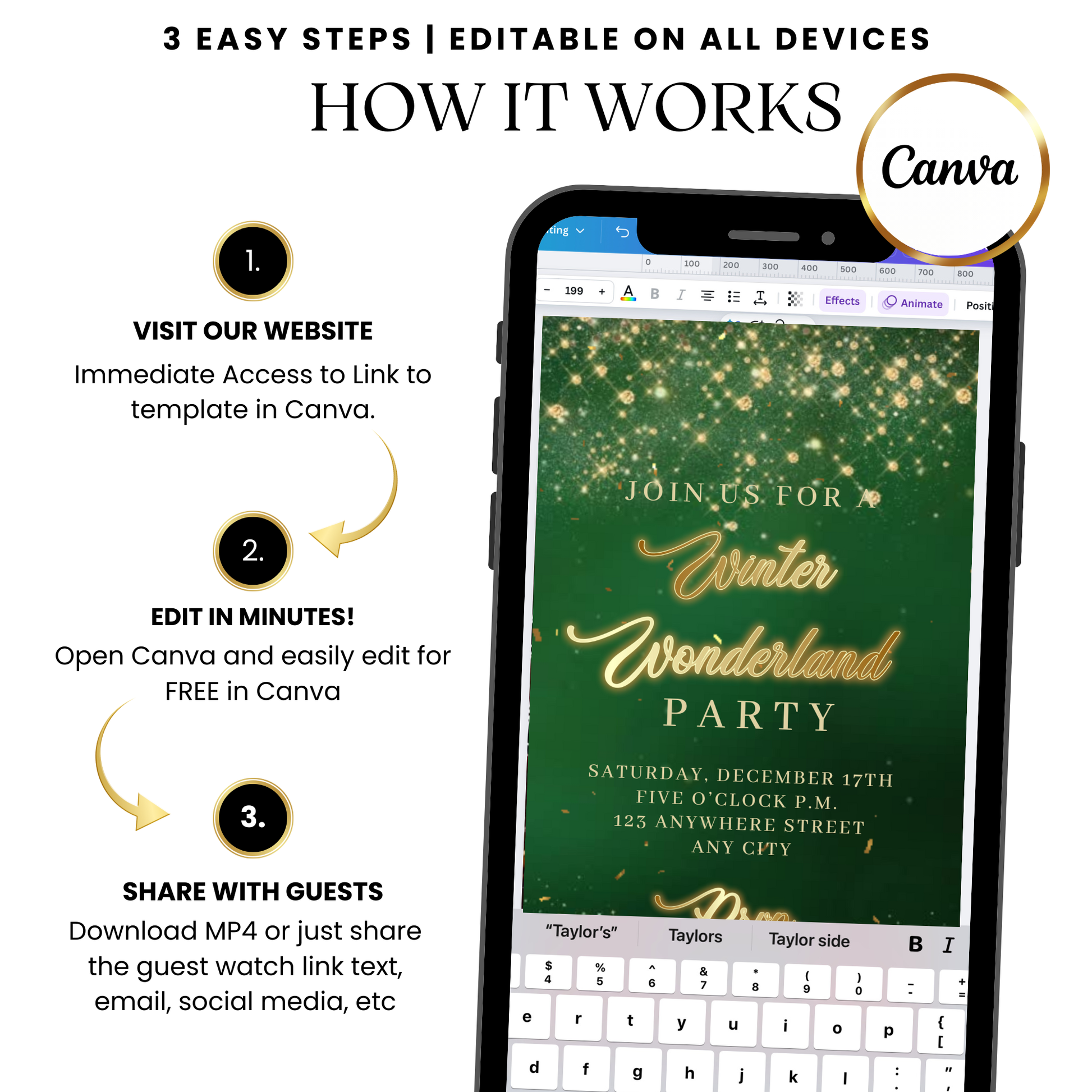 Editable emerald green MP4 invite template with gold accents