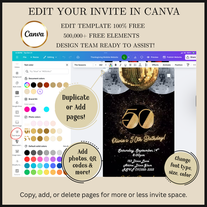 Editable gold disco 50th birthday video invitation displayed on a mobile phone, featuring an animated vertical digital invite with music, created in Canva. This premium video invitation template is designed for sharing by text, email, and social media and works with an interactive RSVP website for easy guest response tracking.