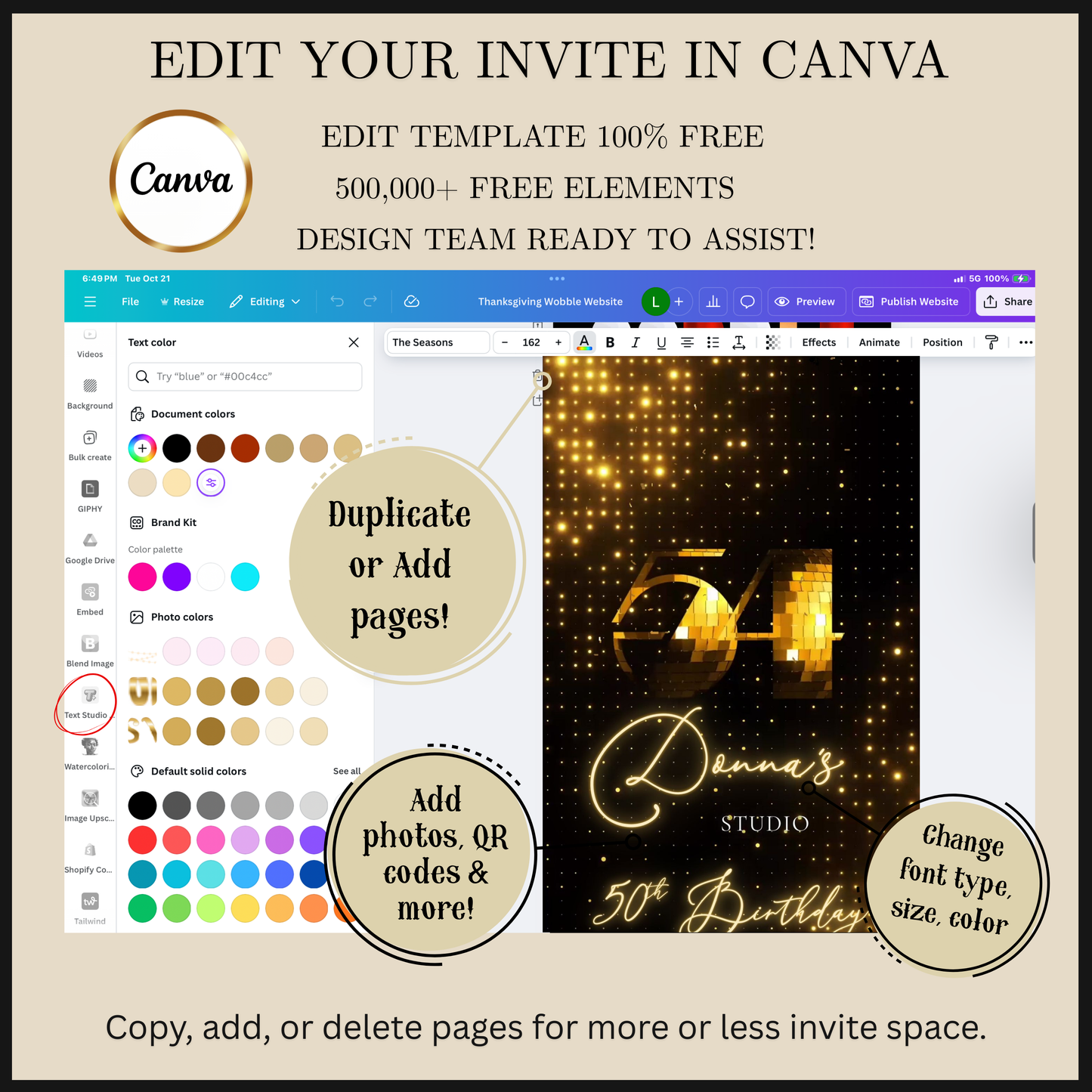 Editable gold disco studio 50th birthday video invitation displayed on a mobile phone, featuring an animated vertical digital invite with music, created in Canva. This premium video invitation template is designed for sharing by text, email, and social media and works with an interactive RSVP website for easy guest response tracking.