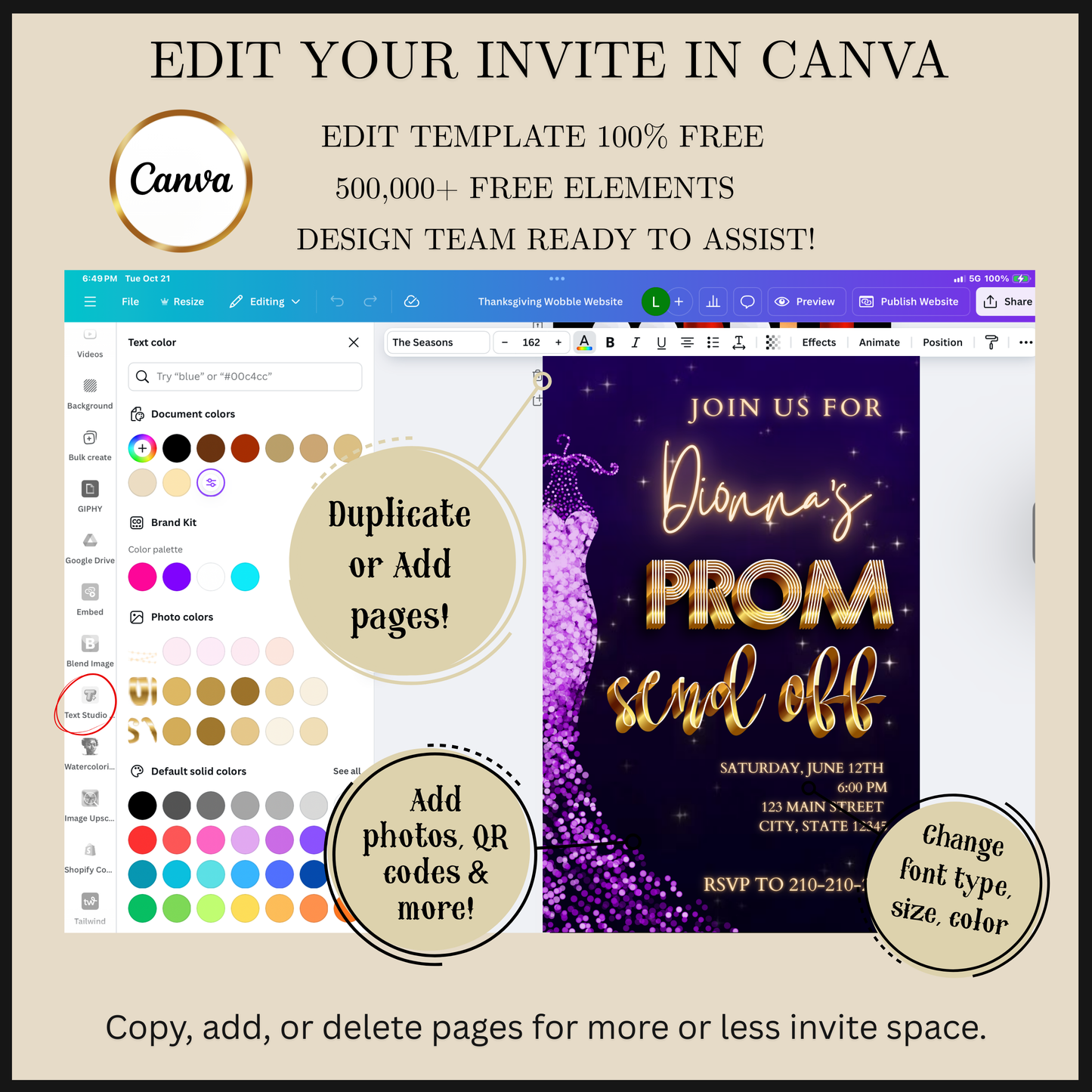 Editable purple gold glam prom send off video invitation displayed on a mobile phone, featuring an animated vertical digital invite with music, created in Canva. This premium video invitation template is designed for sharing by text, email, and social media and works with an interactive RSVP website for easy guest response tracking.