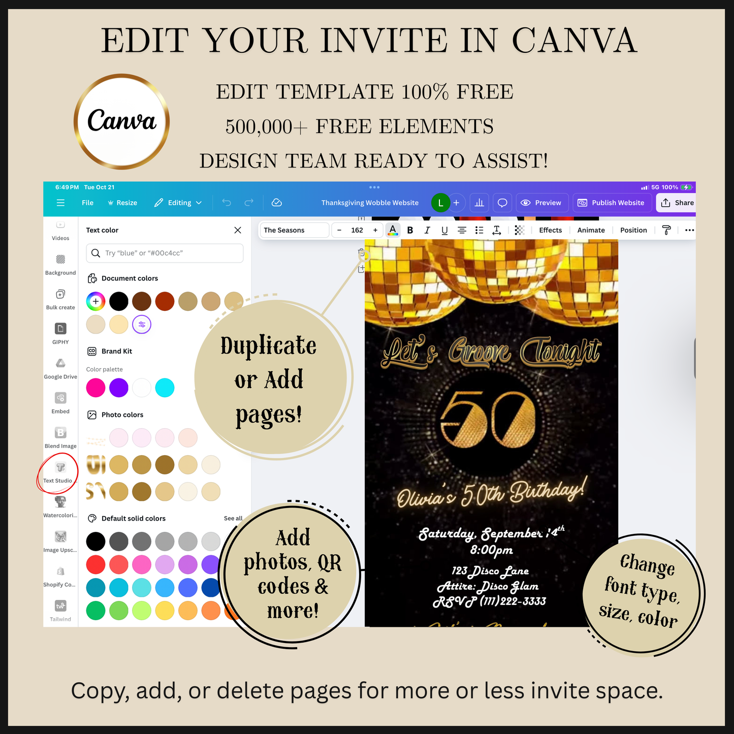 Editable gold disco 50th birthday video invitation displayed on a mobile phone, featuring an animated vertical digital invite with music, created in Canva. This premium video invitation template is designed for sharing by text, email, and social media and works with an interactive RSVP website for easy guest response tracking.