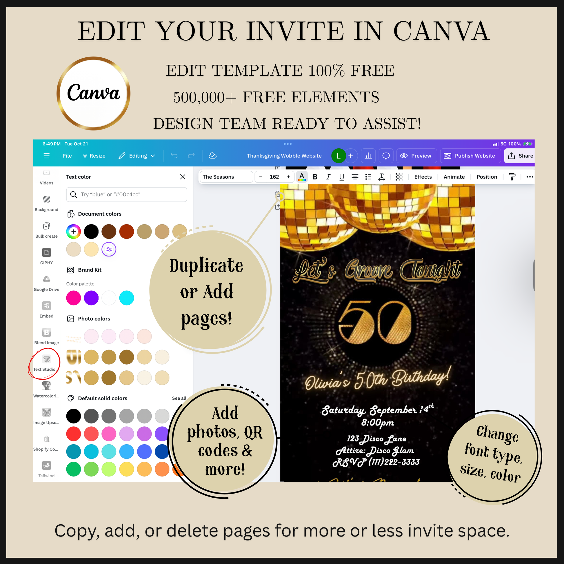 Editable gold disco 50th birthday video invitation displayed on a mobile phone, featuring an animated vertical digital invite with music, created in Canva. This premium video invitation template is designed for sharing by text, email, and social media and works with an interactive RSVP website for easy guest response tracking.
