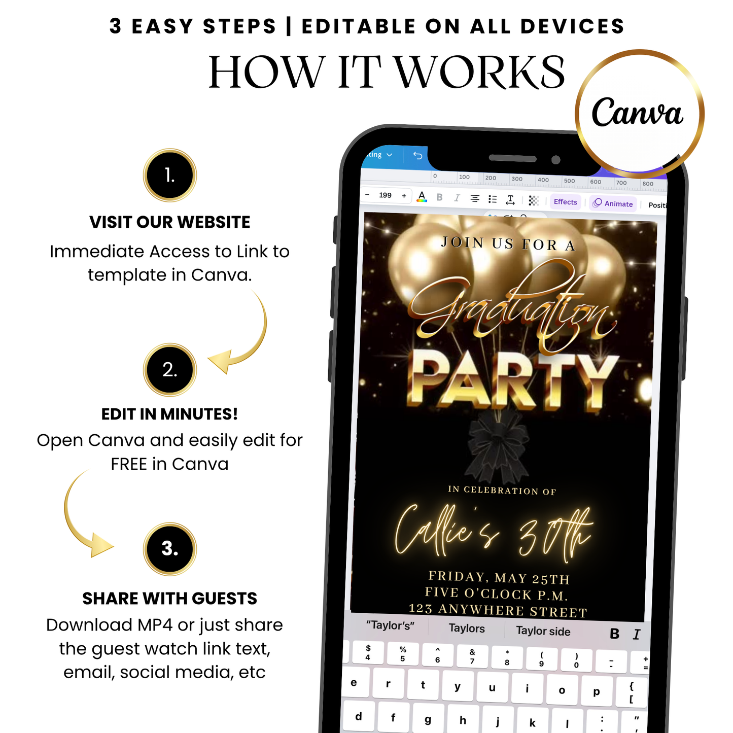 Gold Balloon Glow Digital Video Invitation with Music