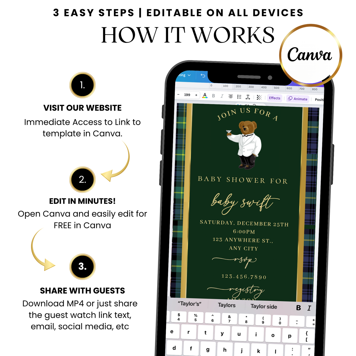 Preppy plaid bear baby video invitation template