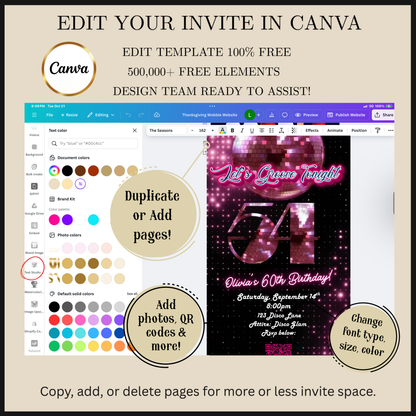 Editable pink disco studio 54th birthday video invitation displayed on a mobile phone, featuring an animated vertical digital invite with music, created in Canva. This premium video invitation template is designed for sharing by text, email, and social media and works with an interactive RSVP website for easy guest response tracking.