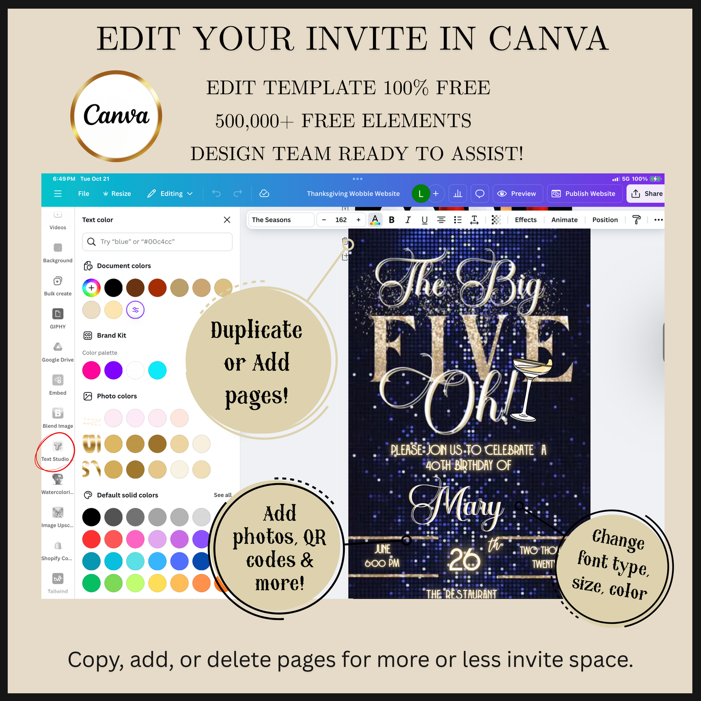 Editable royal blue gold 50th birthday video invitation displayed on a mobile phone, featuring an animated vertical digital invite with music, created in Canva. This premium video invitation template is designed for sharing by text, email, and social media and works with an interactive RSVP website for easy guest response tracking.