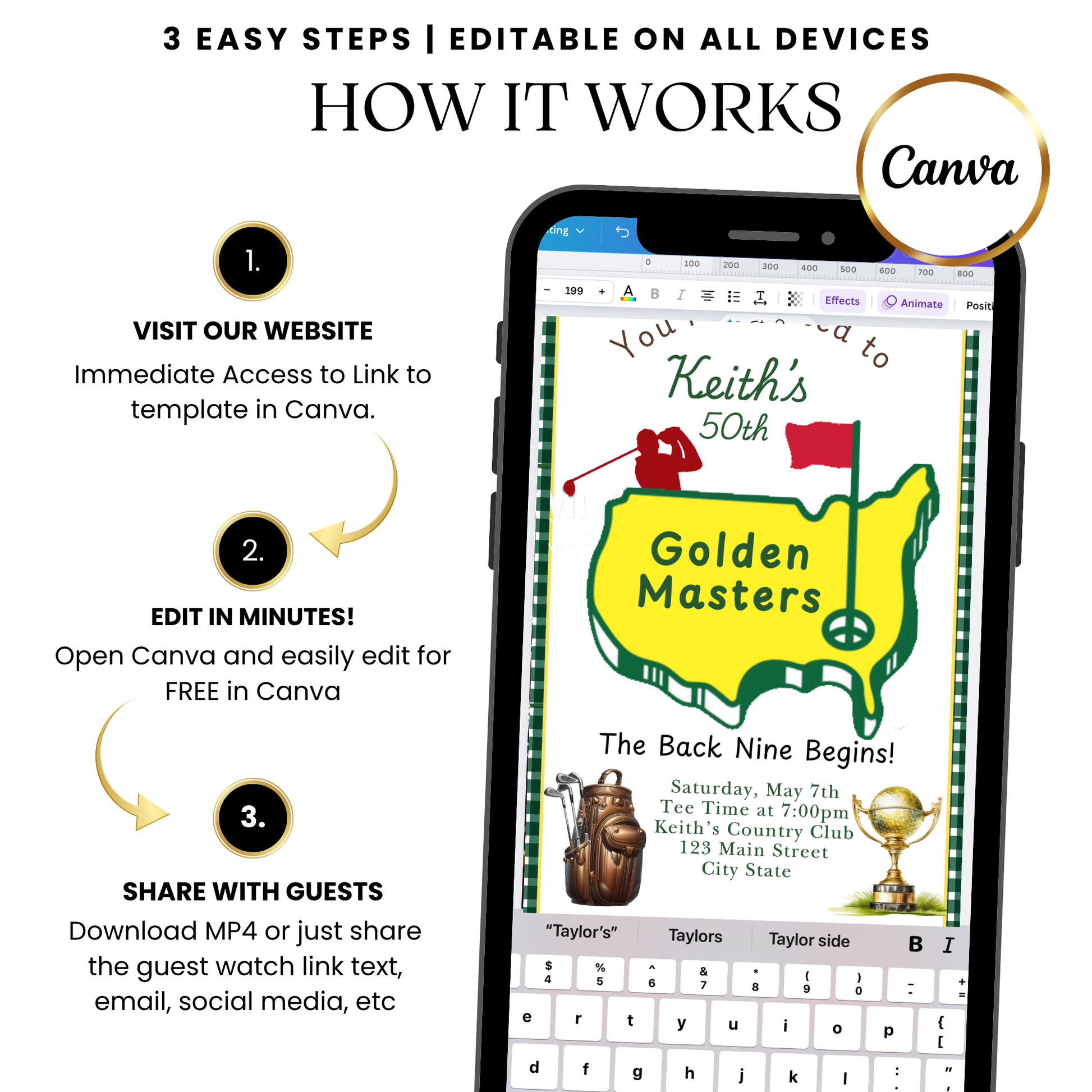 Date and time layout with minimalist numerals and tee marker