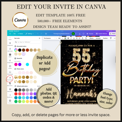Editable gold fireworks 55th birthday video invitation displayed on a mobile phone, featuring an animated vertical digital invite with music, created in Canva. This premium video invitation template is designed for sharing by text, email, and social media and works with an interactive RSVP website for easy guest response tracking.