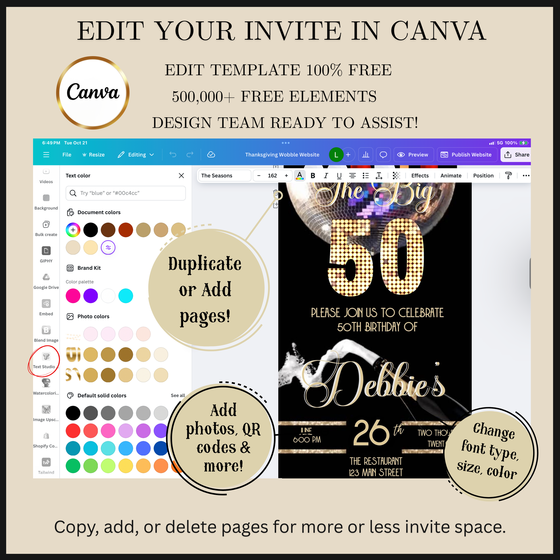 Editable black gold disco champagne 50th birthday video invitation displayed on a mobile phone, featuring an animated vertical digital invite with music, created in Canva. This premium video invitation template is designed for sharing by text, email, and social media and works with an interactive RSVP website for easy guest response tracking.