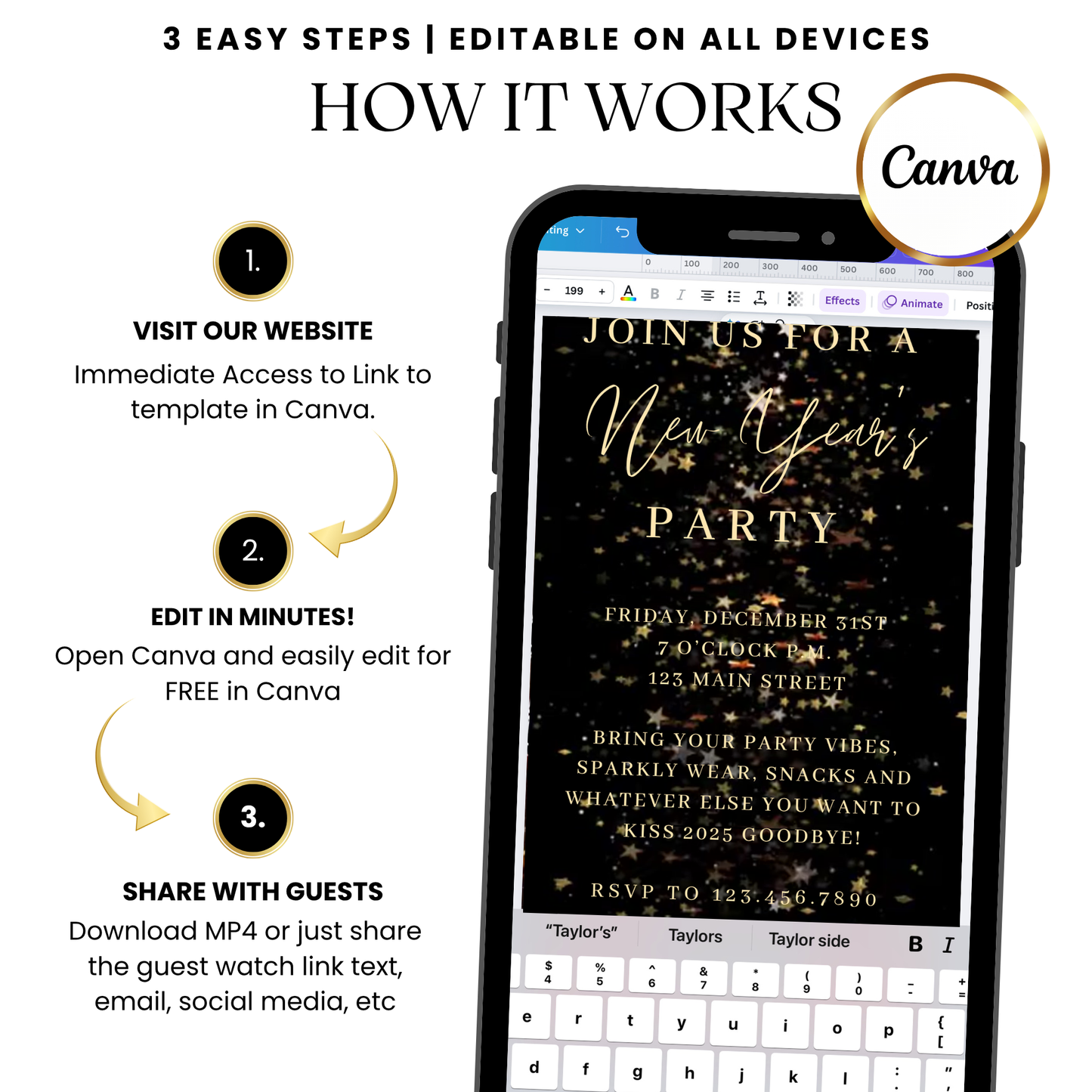 Black gold sparkle New Year's Eve video invitation design