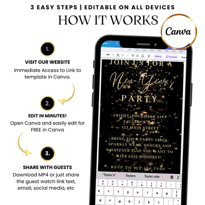 Black gold sparkle New Year's Eve video invitation design