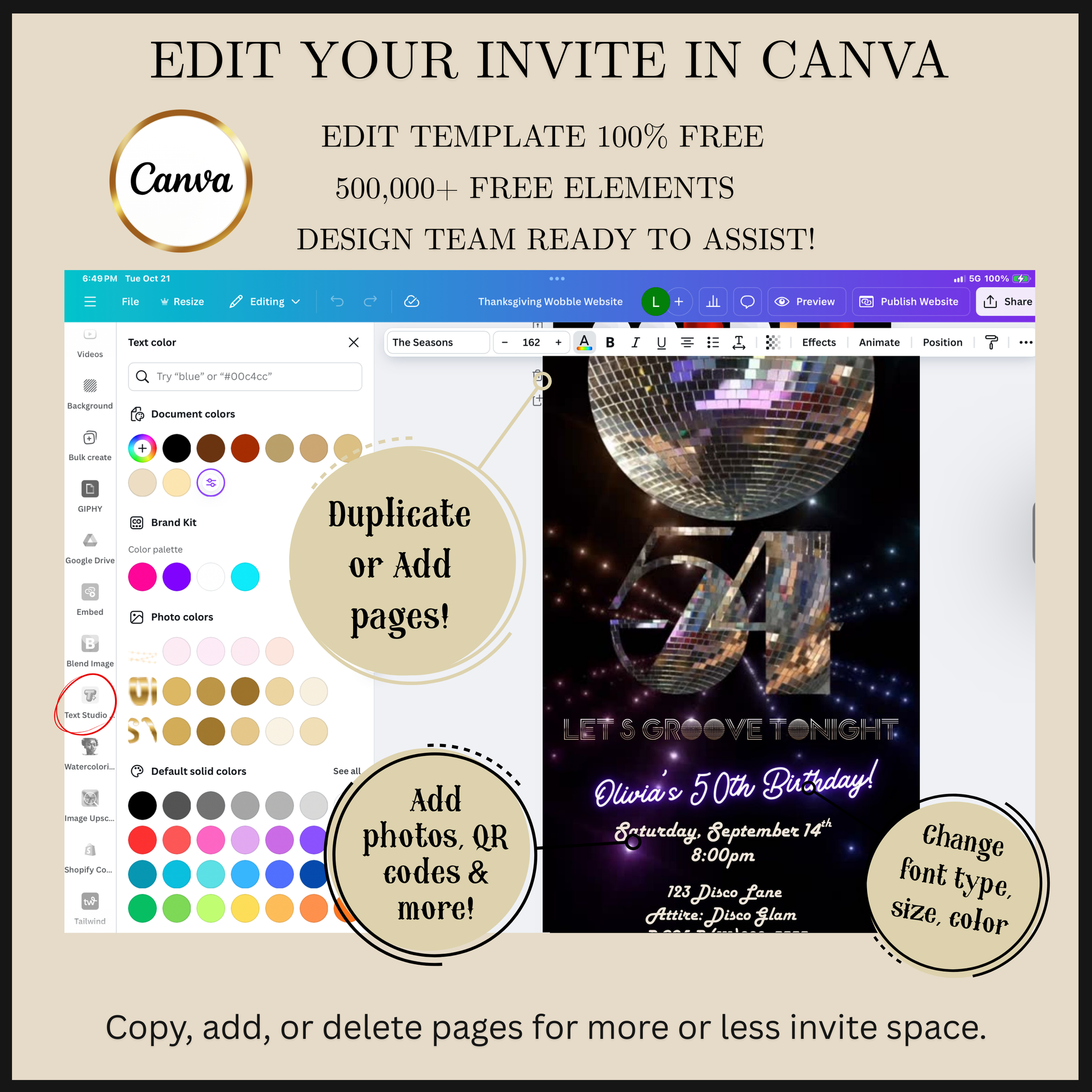 Editable disco mirror 54th birthday party video invitation displayed on a mobile phone, featuring an animated vertical digital invite with music, created in Canva. This premium video invitation template is designed for sharing by text, email, and social media and works with an interactive RSVP website for easy guest response tracking.