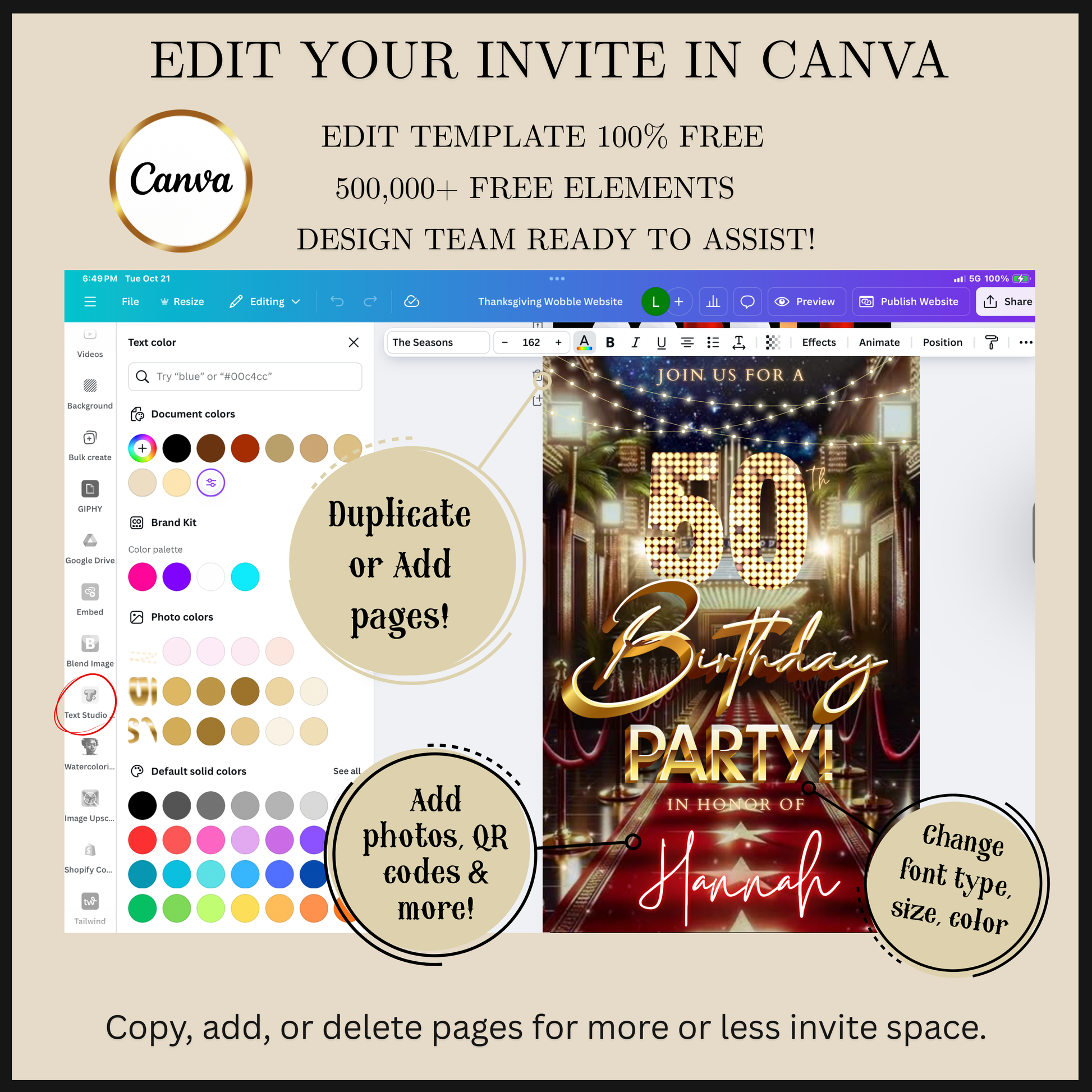 Editable hollywood red carpet 50th birthday video invitation displayed on a mobile phone, featuring an animated vertical digital invite with music, created in Canva. This premium video invitation template is designed for sharing by text, email, and social media and works with an interactive RSVP website for easy guest response tracking.
