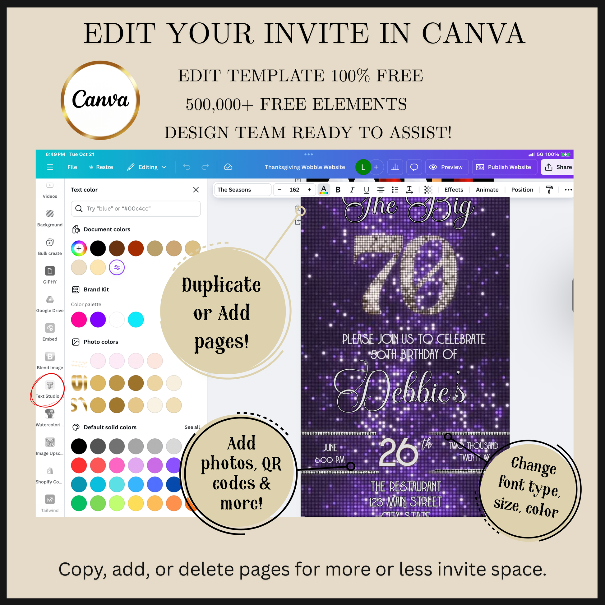 Editable purple sequin 70th birthday video invitation displayed on a mobile phone, featuring an animated vertical digital invite with music, created in Canva. This premium video invitation template is designed for sharing by text, email, and social media and works with an interactive RSVP website for easy guest response tracking.
