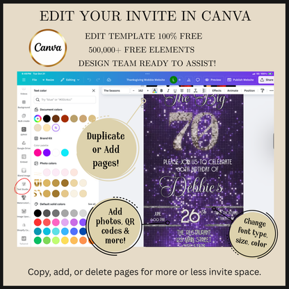Editable purple sequin 70th birthday video invitation displayed on a mobile phone, featuring an animated vertical digital invite with music, created in Canva. This premium video invitation template is designed for sharing by text, email, and social media and works with an interactive RSVP website for easy guest response tracking.