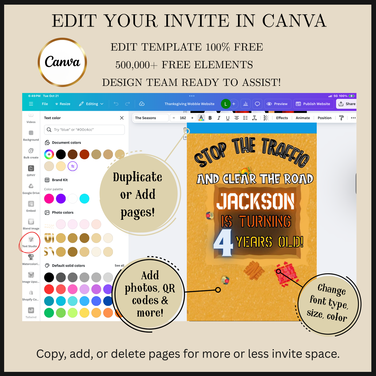 Editable construction theme 4th birthday video invitation displayed on a mobile phone, featuring an animated vertical digital invite with music, created in Canva. This premium video invitation template is designed for sharing by text, email, and social media and works with an interactive RSVP website for easy guest response tracking.